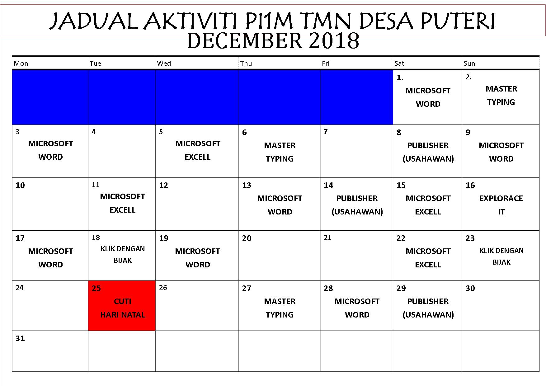 JADUAL AKTIVITI DECEMBER 2018