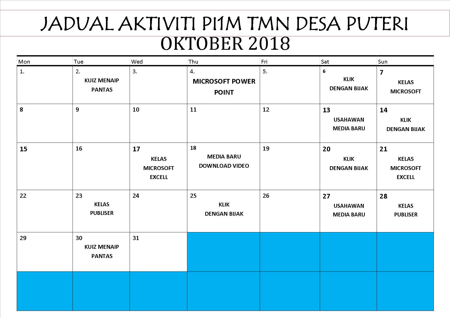 JADUAL AKTIVITI OKTOBER 2018 UPLOAD