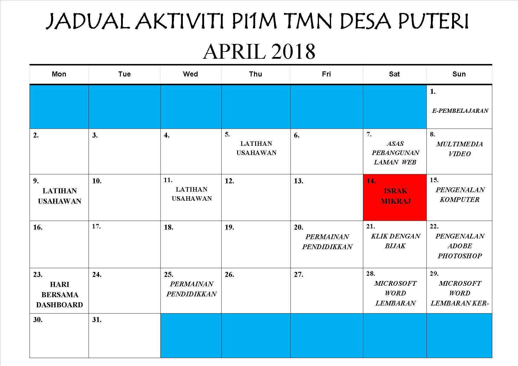 JADUAL AKTIVITI PI1M APRIL 2018 