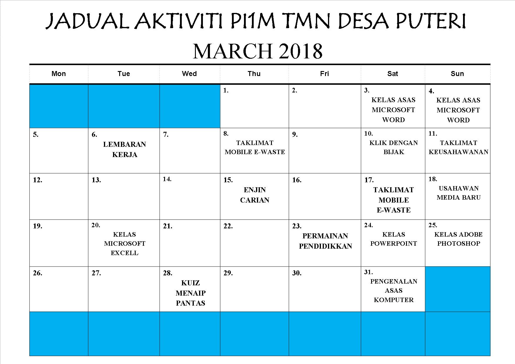 JADUAL AKTIVITI PI1M MARCH 2018