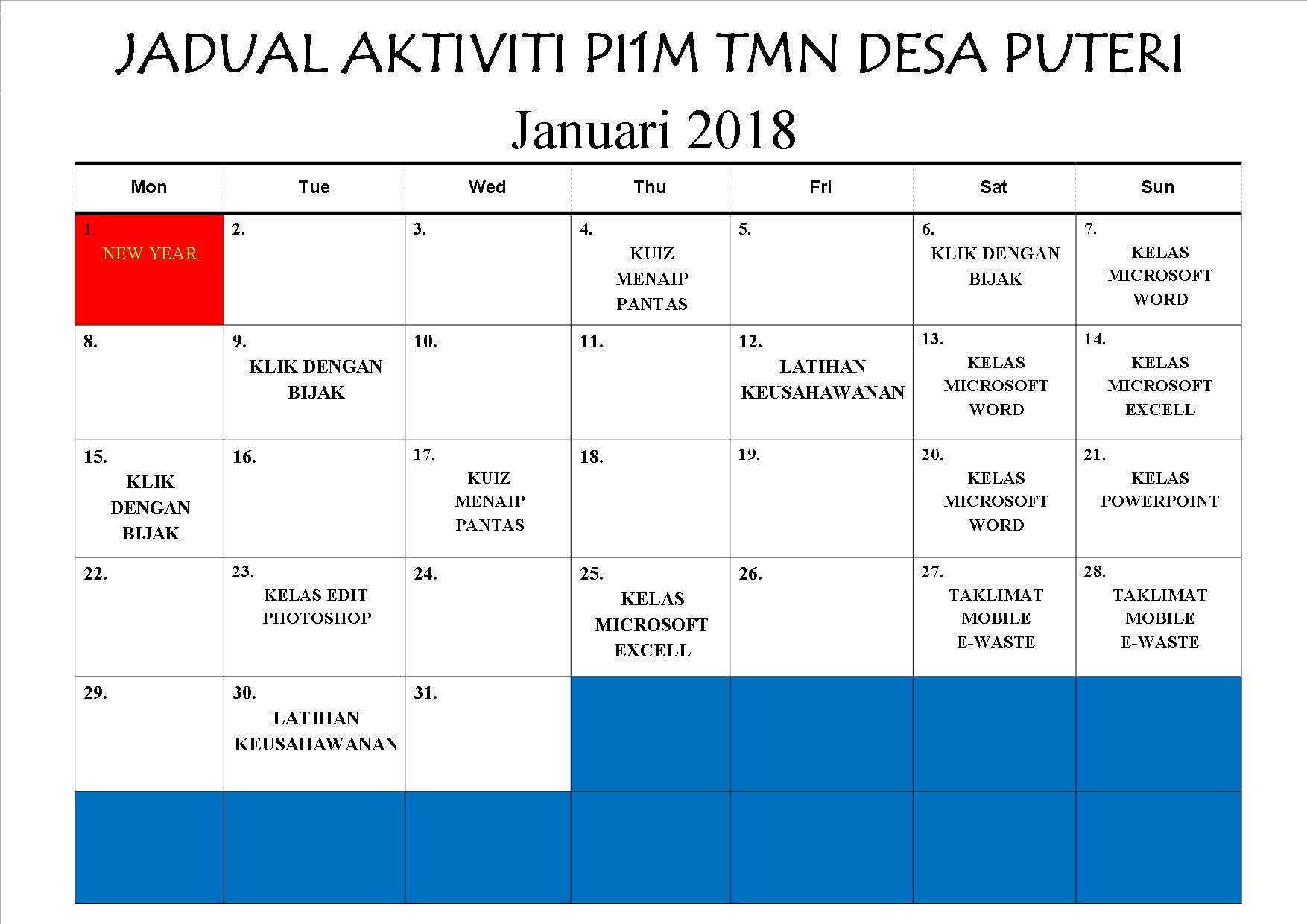 JADUAL AKTIVITI JANUARI 2018