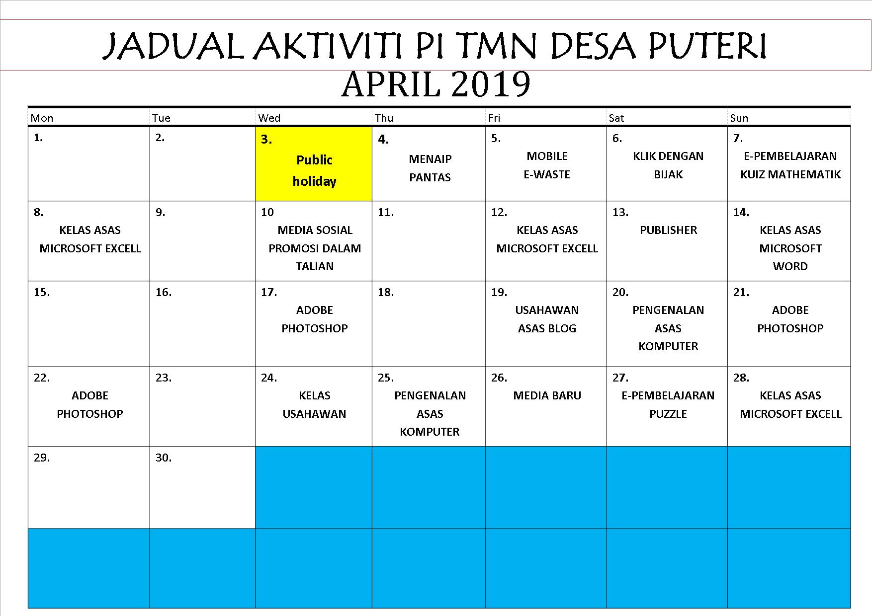 JADUAL  APRIL 2019